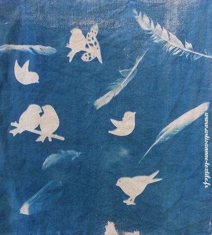 cyanotype sur tissu : les oiseaux